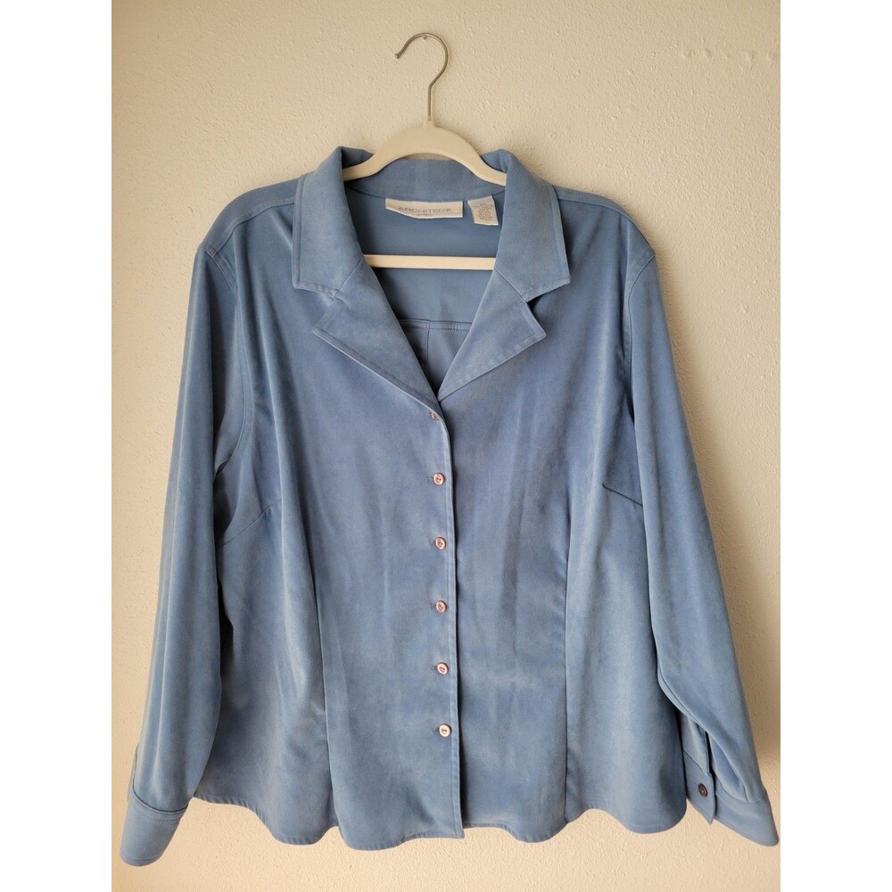 Architect Woman Light Blue Faux Suede Button Front Long Sleeve Blouse Plus 3X